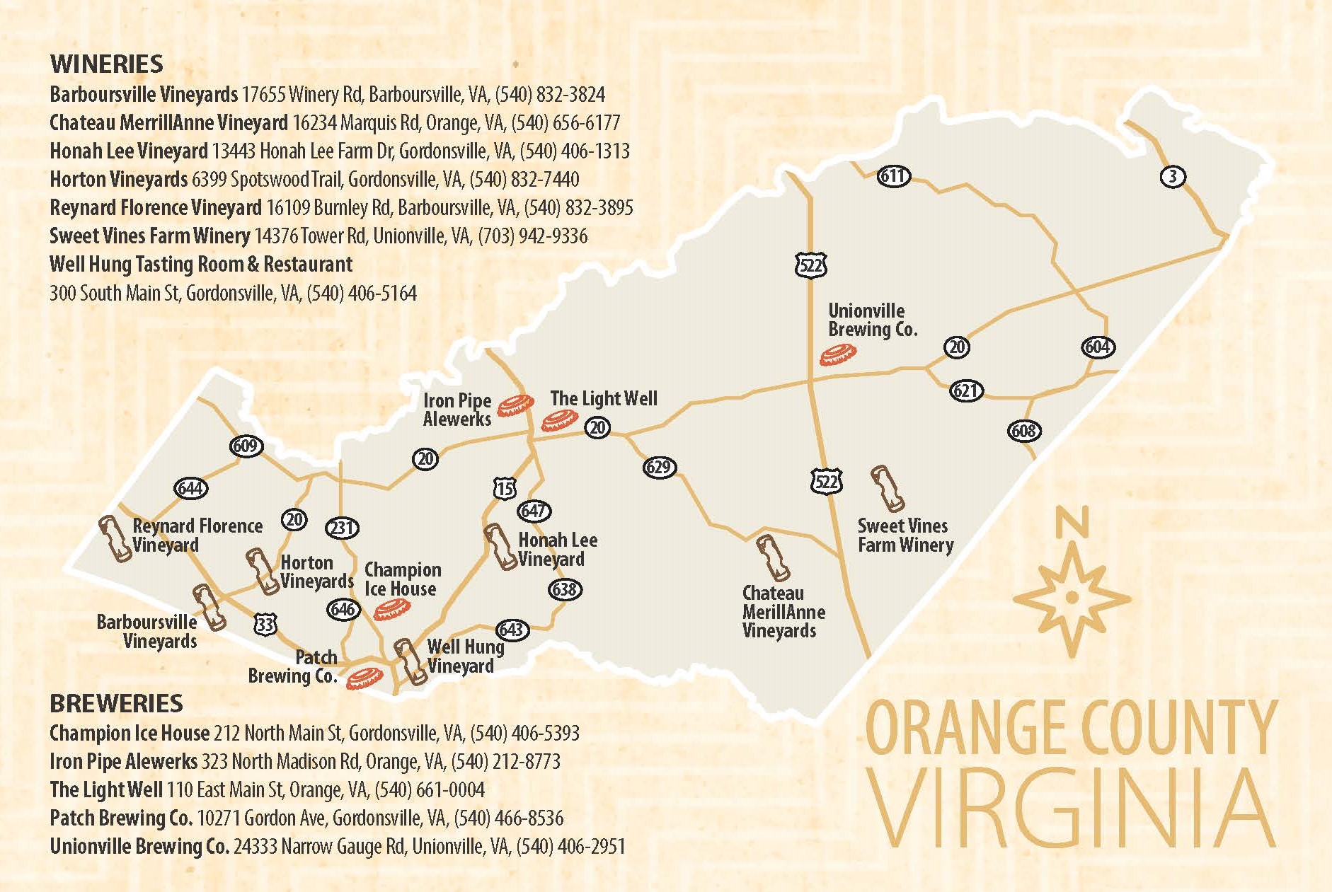 Orange County Virginia brewery and winery map